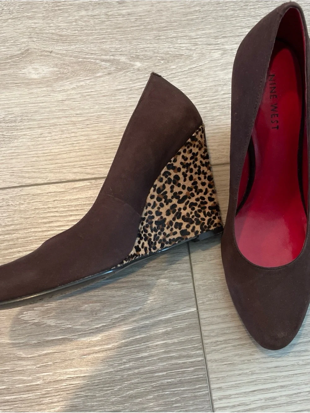 Nine West Brown Suede Wedges (6.5) with Leopard-Print Heel